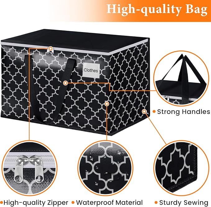 HomeHacks Heavy Duty Moving Bags with Tag Pockets, Collapsible Storage Totes for Moving, Camping & Travel -Foldable Packing Boxes, Zipper Handles, Black（8 Packs, 88L） - Image 2