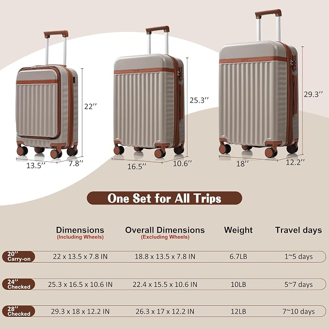 Hardshell Luggage, Lightweight Suitcase with Spinner Wheels, KHAKI+USB - Image 6
