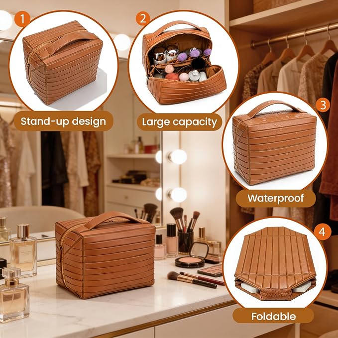 Fold Down Standing Makeup Bag – Large Travel Toiletry Organizer (Blue) | Parallel Design and Adjustable Dividers, Stands Upright or Folds Flat. Multiple Pockets Fit Full‑Size Cosmetics & Toiletries. - Image 3