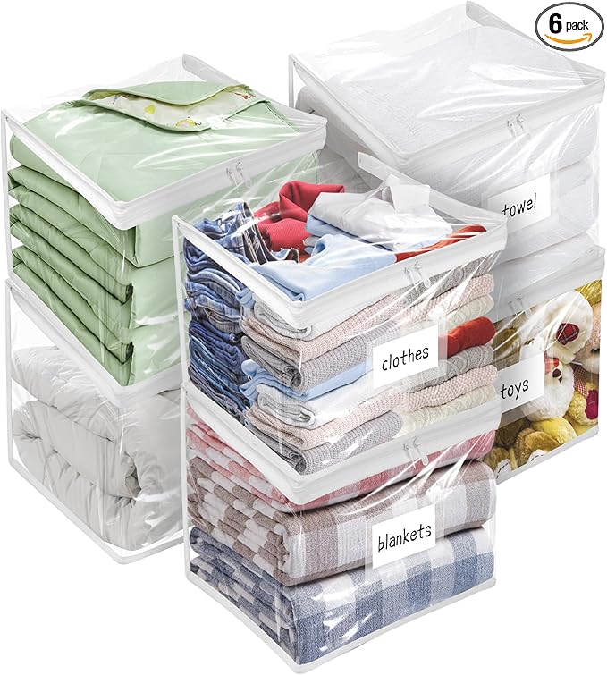 Plastic Storage Bags with Easy-Glide Zipper, Pack of 6, Durable Clear Vinyl Zippered Storage Bags for Clothes Sweaters Comforters Blankets Sheets Bedding (12 x 12 x 12 Inch, White) by Kikerike