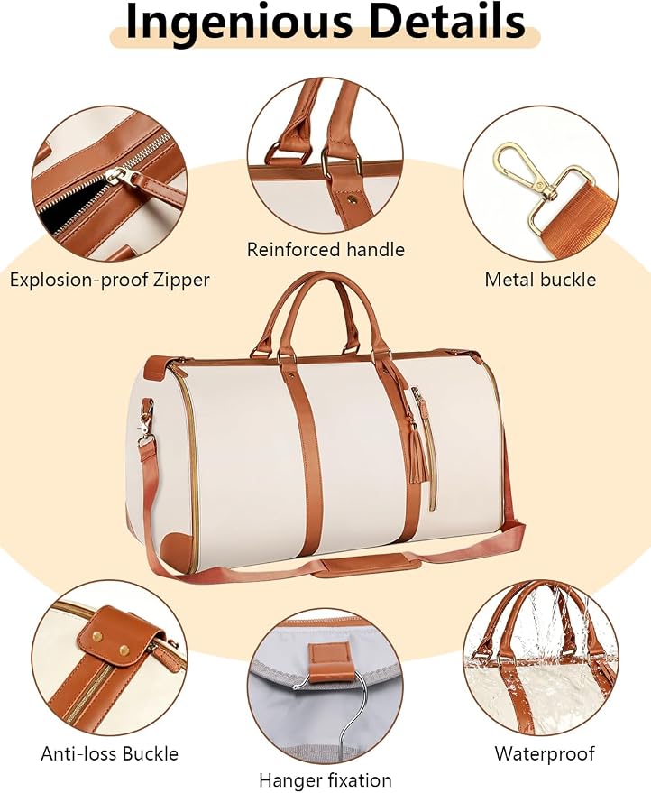 2 in 1 Convertible Garment Duffle Bags for Travel 45L Carry on Duffle Bag for Men & Women with Shoe Lmproved Zipper and Reinforced Straps Suitable for Business & Weekend Trips Beige - Image 5