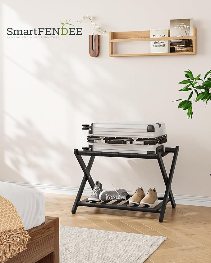 Smart FENDEE Fully Assembled Black Luggage Rack, Suitcase Stand with Shoe Shelf, Folding Wooden Luggage Stand for Guest Room, Bedroom, Hotel - Image 6