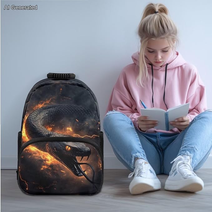 Elementary Boys Backpack with Lunch Box Flame Python Snake Bookbags for 5th Grade Kids with Large Capacity 17 Inch Backpack for Boys Portable Pencil Case Bottle Sleeve for Back to School - Image 2