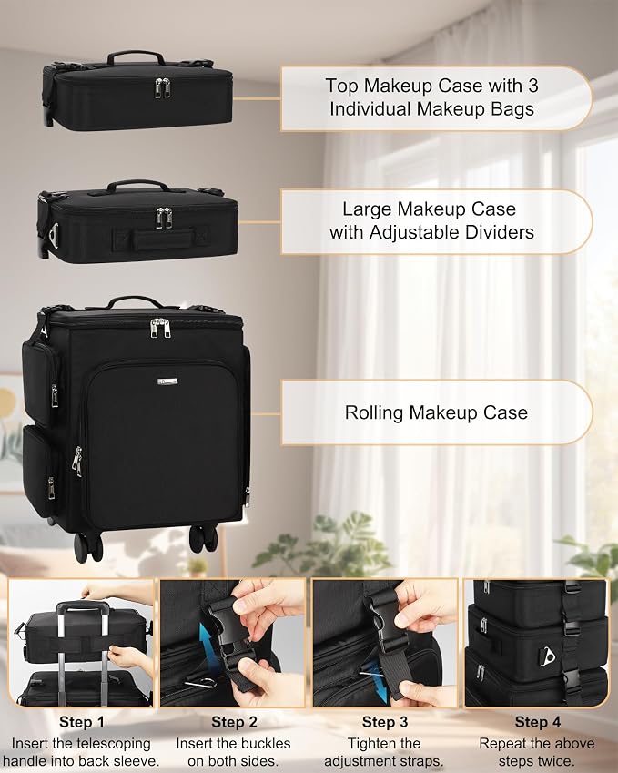 Relavel Rolling Makeup Case, 3 in 1 Hairstylist Traveling Bag Cosmetology Case on Wheels Large Hair Tools Cosmetics Train Case Makeup Artist Storage Organizer Trolley Suitcase with 360° Swivel Wheels - Image 9