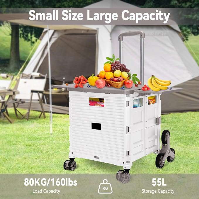 Foldable Utility Cart Portable Crate Rolling Dolly with Telescopic Handle,Can be Pulled diagonally, Magnetic Retractable Lid, 360°Swivel Climbing Wheels for Shopping Carrying Groceries Move White - Image 6
