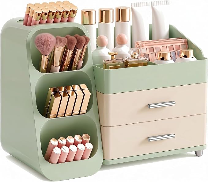 Booklov Makeup Organizer for Vanity and Bathroom Countertop, Green Cream | Plastic Cosmetic Display Case with Drawers, Beauty Brush Holder for Dresser Counter Skin Care Eyeshadow Lipstick Storage by Booklov