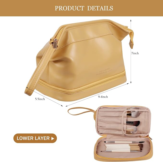 Abiudeng Large Capacity Makeup Bag Ladies Cosmetic Bag Travel Bag with Compartments Portable PU Leather Travel Makeup Bag with Handle - Image 2