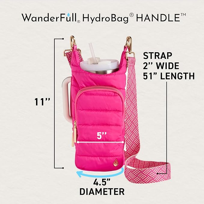 WanderFull Original HydroBag Handle®, Zipper Slot for Handle, 40 oz Water Bottle Holder with Strap - Crossbody Carrier Bag with Phone Pocket, Tumbler Accessories - Pink & Cream Strap - Image 2