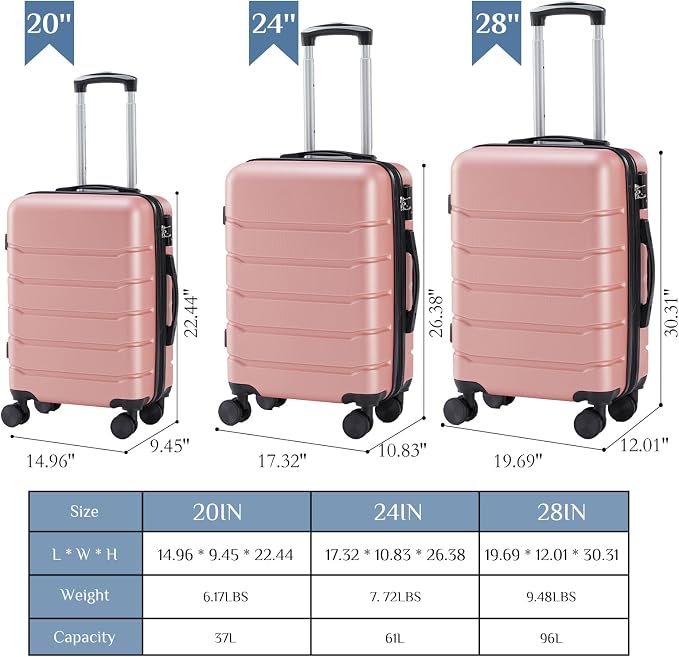 OLIXIS 3-Piece Luggage Set, Carry On Suitcases with Spinner Wheels, Expandable Travel Luggage with TSA Approved Lock & ABS Hard Shell, Pink, 20/24/28 Inch - Image 10