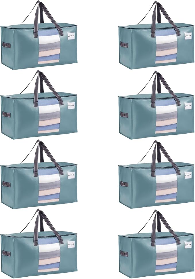 VENO 8 Pack Heavy Duty Moving Bags, Clothes and Comforter Storage Bags with Clear Window, College Dorm Essentials Packing Supplies, Foldable Boxes Alternative (Shiny Light Blue, 8 Pack) by Veno