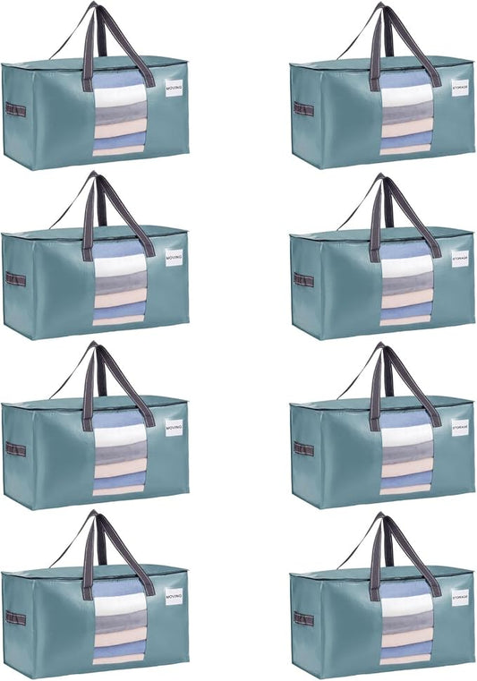 VENO 8 Pack Heavy Duty Moving Bags, Clothes and Comforter Storage Bags with Clear Window, College Dorm Essentials Packing Supplies, Foldable Boxes Alternative (Shiny Light Blue, 8 Pack) by Veno