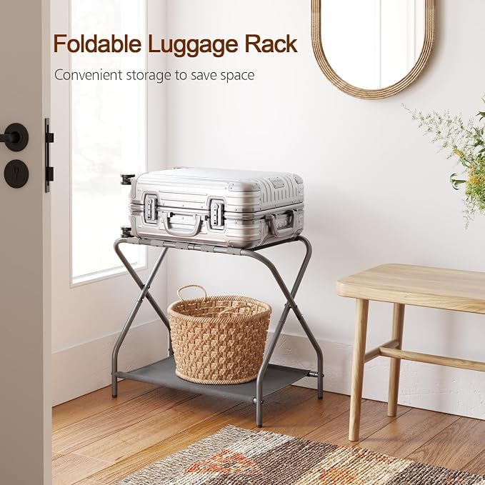 AMHANCIBLE Luggage Rack, Set of 2, Foldable Suitcase Stands for Guest Room, Metal Luggage Holder with Storage Shelf for Bedroom, Hotel, Easy Assemble, HLR02GY - Image 5