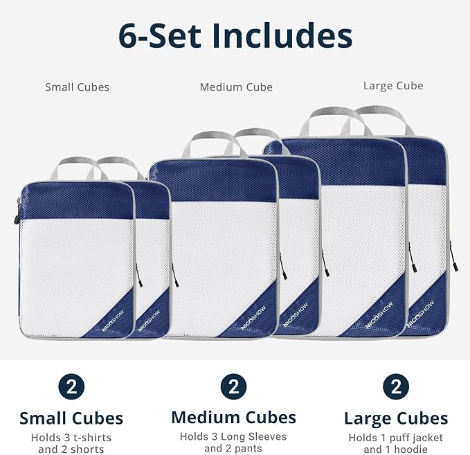 NICOSHOW 3 Set Compression Packing Cubes for Travel - Compressible, Lightweight, and Space-Saving Packing Cubes, Travel Essentials for Women, Navy - Image 4