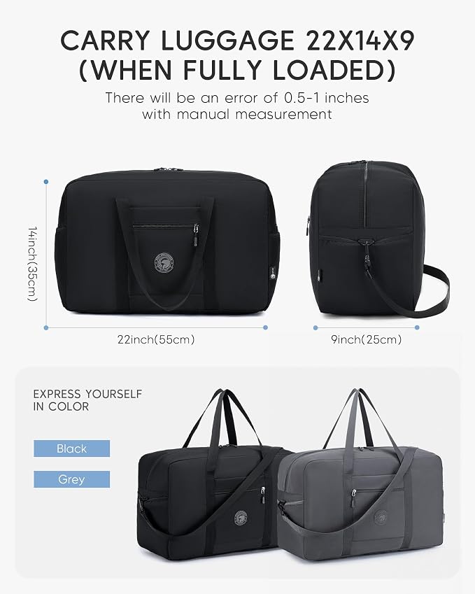 2 Piece Carry on Bag 22x14x9 Airlines Approved, 48L Canvas Travel Duffel Bags for Men Women Duffle Bag for Airplane Weekender Overnight Gym (Black+Grey) - Image 4