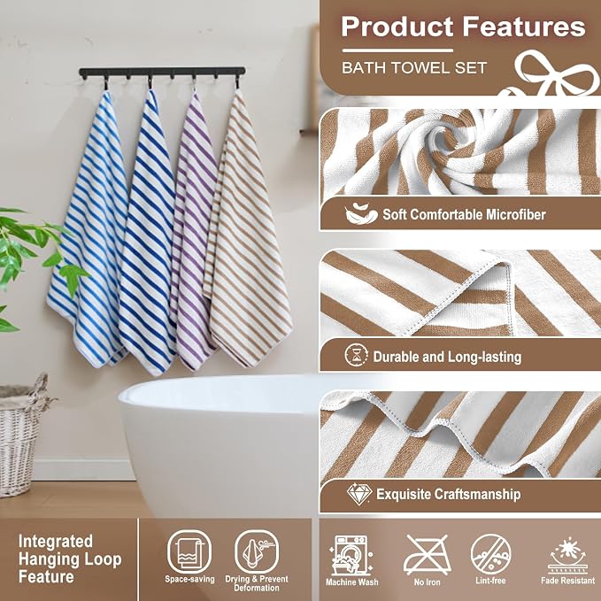 JML Microfiber Towels, Bath Towel Sets (4 Pack, 27" x 55") - Extra Large, Soft, Absorbent, Fast Drying, Multipurpose for Hair Wrap, Swimming, Fitness, Sports, Yoga -Stripe Coffee - Image 3
