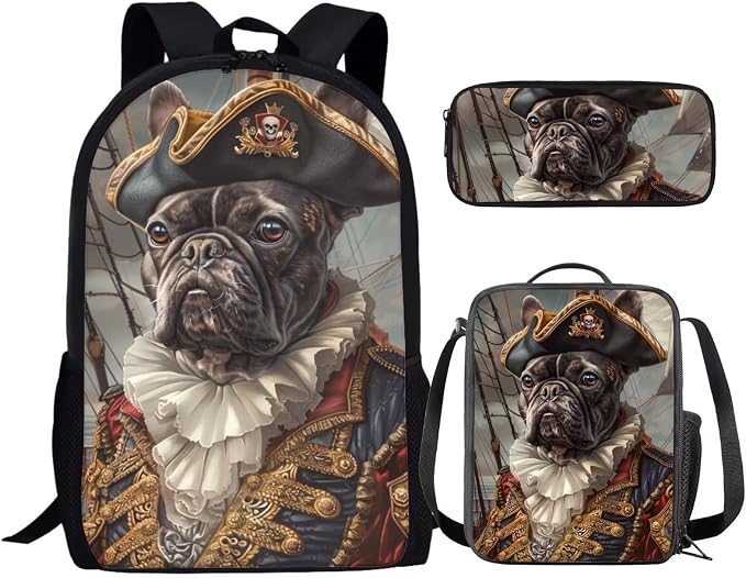 17 Inch Animal Print School Backpack And Lunch Box Set for Kids Lightweight Funny Pug Backpack for Boys Girls Sturdy School Bag with Insulated Lunchbox Pencil Case Student Bookbag by Parprinty