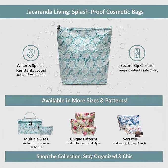 Jacaranda Living Large Cosmetic Bag - Water-Resistant, PVC-Lined - Aqua Trellis - Image 7