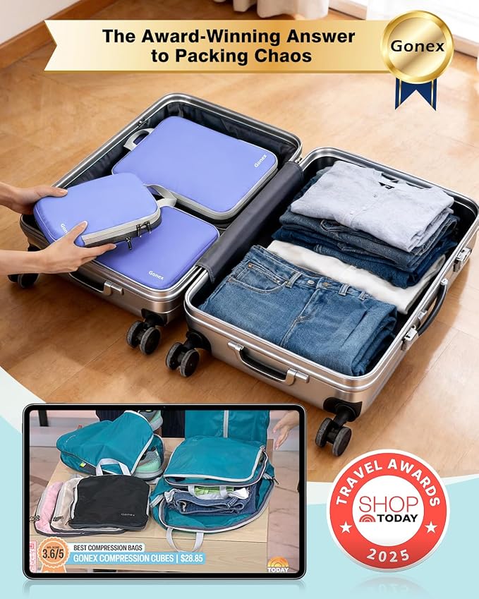 Gonex Compression Packing Cubes, 4pcs Expandable Storage Travel Luggage Bags Organizers (Periwinkle) - Image 2