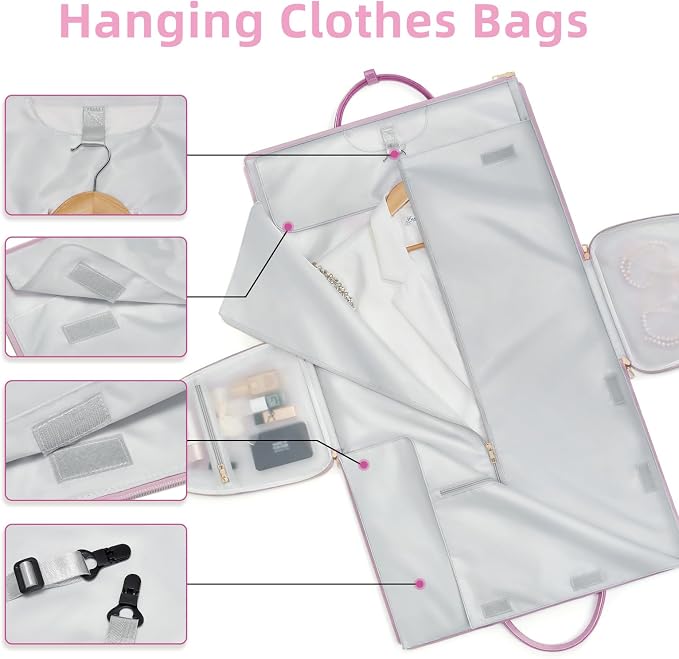 Convertible Garment Duffle Bag for Women, Foldable 2-in-1 Carry On Travel Bag with Shoe Compartment & Toiletry Pocket, PU Leather Stylish Garment Bags for Business Trip, Vacation, Pink-White - Image 4