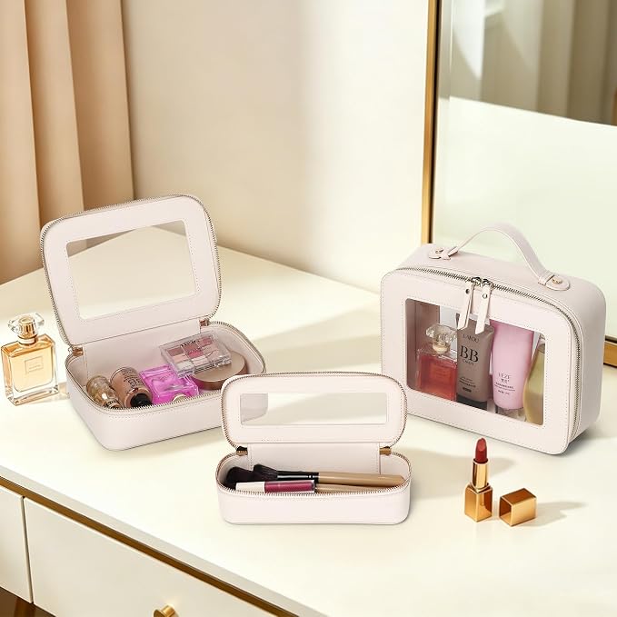 Travel Makeup Set, Beige, L+M+SLIM | Waterproof, Transparent Cosmetic Bag, Toiletry Bag, Makeup Brush Case with Zipper, Car Essentials for Women - Image 2