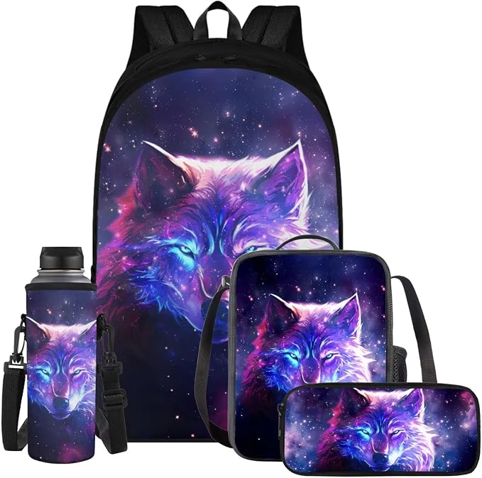 Galaxy Wolf Backpack for Girls Boys Backpack with Lunch Box Water Bottle Holder with Strap and Aesthetic Pencil Case 4PCS Set Bookbag with Compartments for School 17 inch School Bag for Kids by ELEDIZI