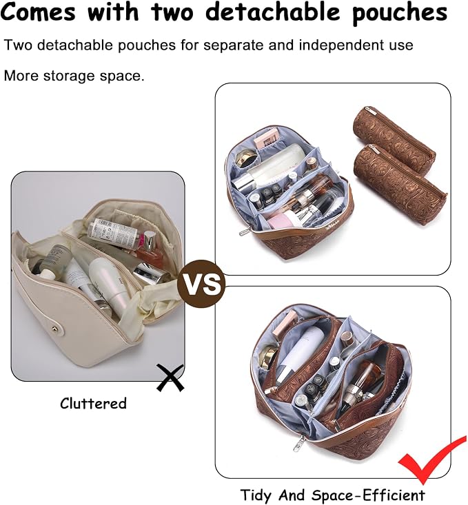 BOYATU Travel Makeup Bags Cosmetic Organizer Bag: 3 Pcs Set Large Capacity Floral Make up Bag with Compartments - Waterproof Leather Toiletry Bags with Handle for Women (19-Brown) - Image 4