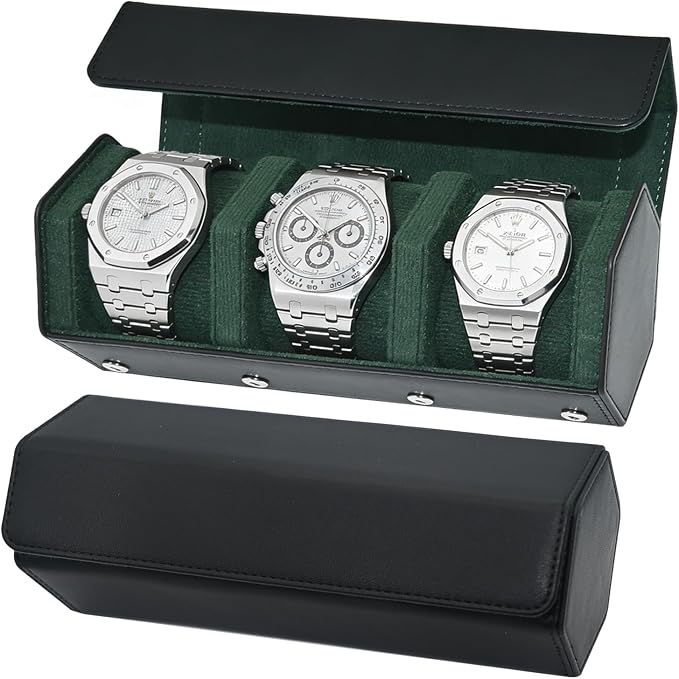 Luxury Hexagonal Leather Travel Watch Roll for 3 Watches, Black Green | Multiple Watch Capacity,Premium Hexagon Leather,Velvet M-Shaped Cushions,Secure Snap Closure,Storage Organizer by Unknown