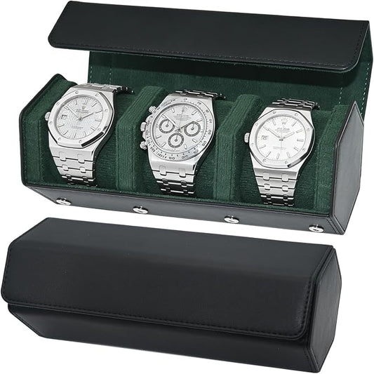 Luxury Hexagonal Leather Travel Watch Roll for 3 Watches, Black Green | Multiple Watch Capacity,Premium Hexagon Leather,Velvet M-Shaped Cushions,Secure Snap Closure,Storage Organizer by Unknown