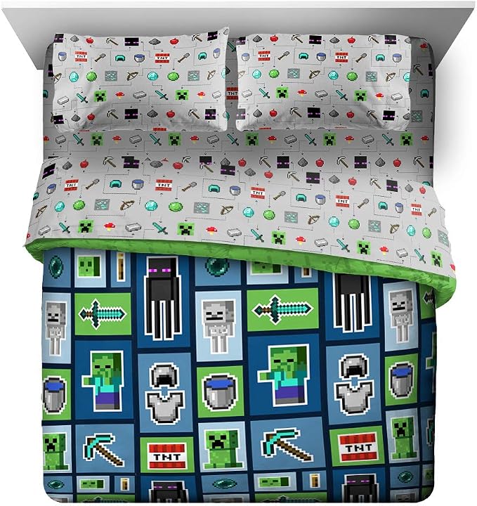 Minecraft Creeper Queen Comforter Set 5 Piece Kids Bedding for Boys, Multi | Zombie, Bed in a Bag, Comforter Sheets Pillowcases, Official Product, Soft Microfiber, Machine Washable, Boys Gift - Image 2