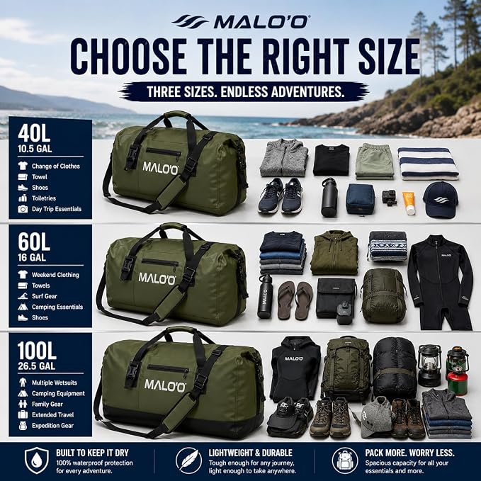 Malo’o Waterproof Dry Duffel, Heavy-Duty Roll Top Waterproof Gear Bag with Shoulder Strap & Molle Loops, Marine Duffel for Kayaking, Boating, Camping, Beach & Travel, Dark Green, 40L - Image 4