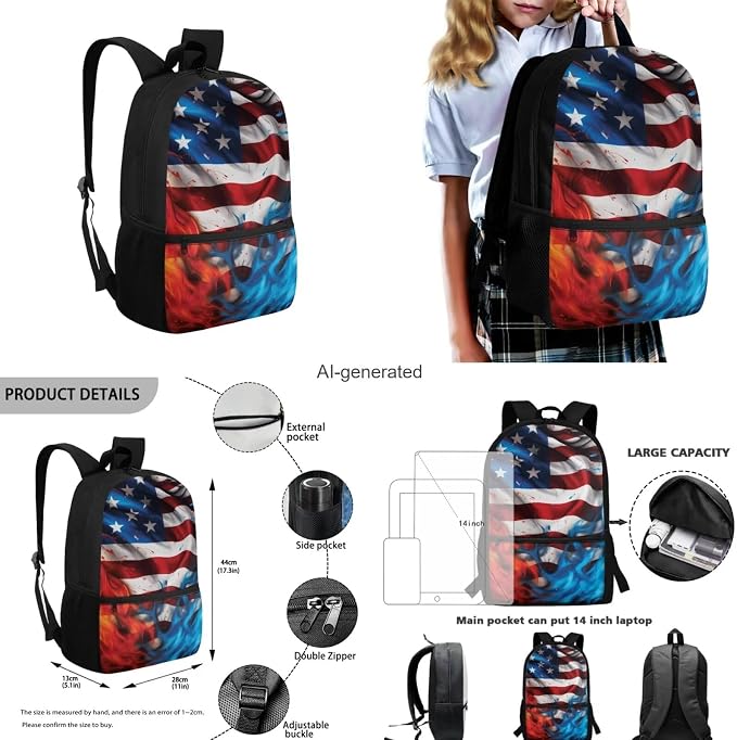 American Flag Backpack for Boys Kids Backpack with Lunch Box Water Bottle Pouch and Soft Pencil Case 4PCS Set Bookbag with Front Pocket for School Teens 17 inch School Bag with Side Pocket - Image 3
