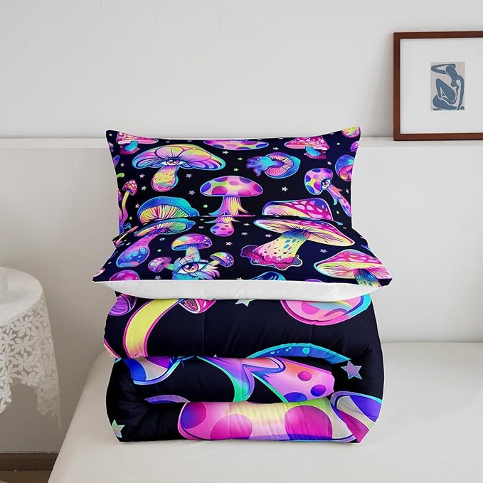 Mushroom Comforter Set King,Kawaii Trippy Botanical Bedding Set Psychedelic Plant Down Comforter for Kids Girls Teens Women Cartoon Cute Mushroom Room Decor Quilt Duvet Set with 2 Pillow Cases Black - Image 5