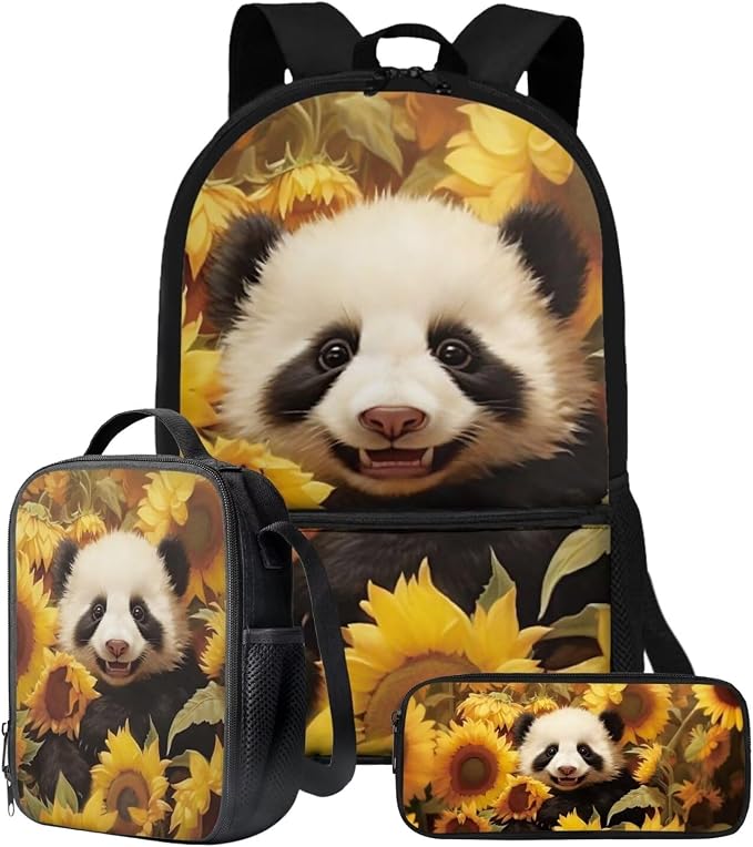 Sunflower Panda Print Backpack Set Schoolbag Boys Girls Large Backpacks Lunch Box Pencil Case 17 Inch Travel Laptop Computer Backpacks Rucksack Daypack with Ergonomic Straps by ZIATUBLES