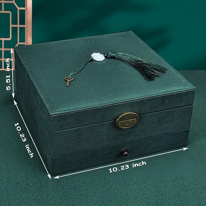Jewelry Organizer 5 Layers Velvet Square Jewelry Box Women Necklace Ear studs Display Bangles Large Jewelry Storage Case Drawer GY306 (Green) - Image 5