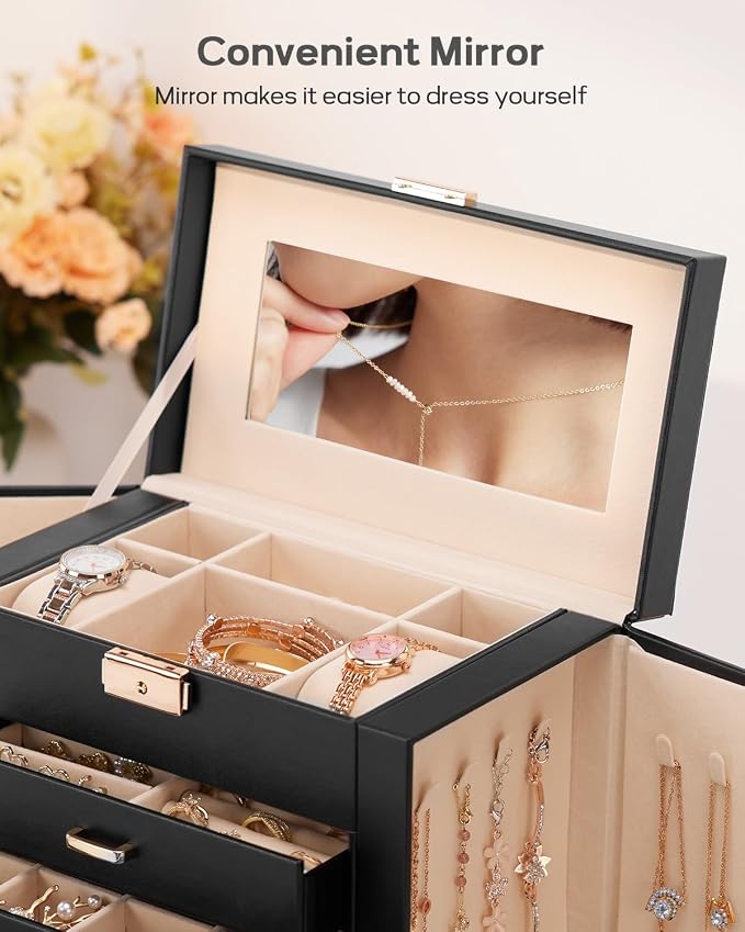 Homde Synthetic Leather Huge Jewelry Box Mirrored Watch Organizer Necklace Ring Earring Storage Lockable Gift Case (Black + Gold) - Image 7