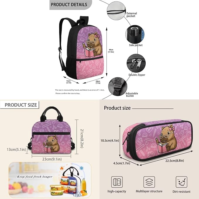 Cute Capybara 3PCS Backpack for Kids Girls School Bookbags with Lunch Bag Pencil Case 17 Inch Lightweight Bookpack for Elementary School Students - Image 7