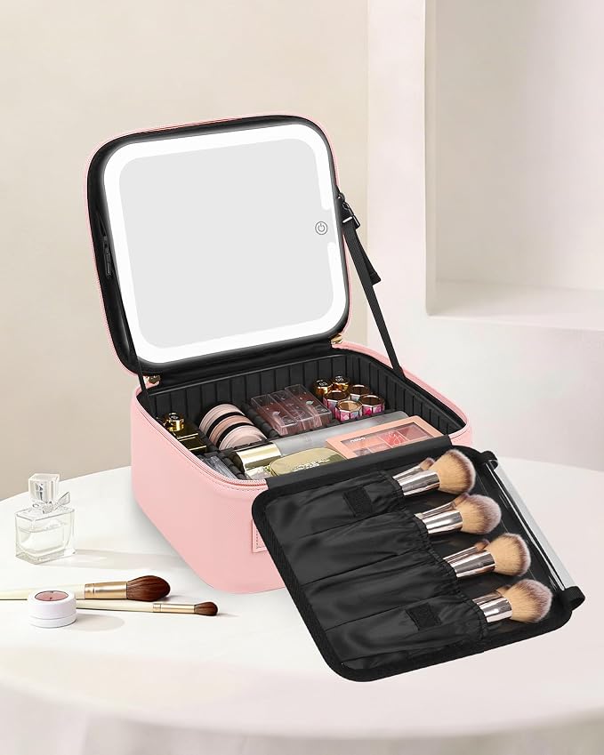 Chomeiu Makeup Bag with LED Mirror, Cute Cosmetic Bags for Women and Girls, Travel Train Case Artists Organizer Large Make Up Bags with 3 Color Light Up Mirror & Removable Brush Compartment, Pink - Image 2