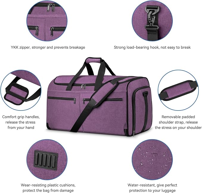 Large Garment Bag for Travel, Bukere Convertible Suit Travel Garment Duffel Bag for Women Business, Shoe Compartment, Detachable Shoulder Strap, 2 in 1 Hanging Suitcase Suit Travel Bags, Purple - Image 5