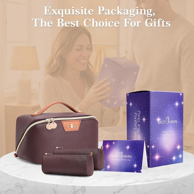 Travel Makeup Bag for Women: 3-in-1 Large Capacity Cosmetics Organizer with 2 Detachable Pouch - Vegan Leather Flat Open Toiletry Bag - Travel Essentials for Full-Sized Bottles(Coffee) - Image 7