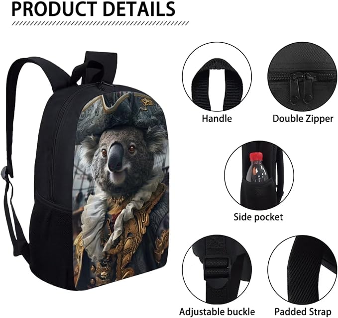 17 Inch Animal Print School Backpack And Lunch Box Set for Kids Lightweight Funny Pirate Koala Backpack for Boys Girls Sturdy School Bag with Insulated Lunchbox Pencil Case Student Bookbag - Image 4