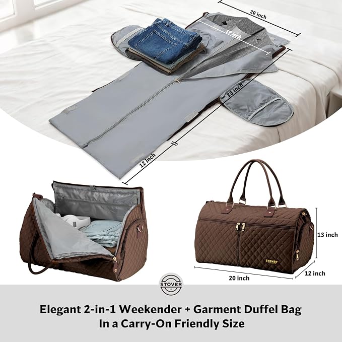 STOVER Women’s Convertible Garment Duffel Bag for Travel – 2-in-1 Carry-On Weekender/Overnight Tote - Wrinkle-Free Dresses, Suits & Clothes + Shoe Compartment & Bonus Toiletry Bag (Mocha Brown) - Image 2