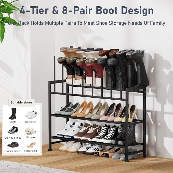 DIMJ Boot Rack 4-Tier - Black Metal Boot Storage Rack for Tall Boots Organizer Tall Boots, Multiuse Shoe Rack for Boots, Sneakers, High-Heel, Entryway, Fit for 8 Pairs, Black - Image 3