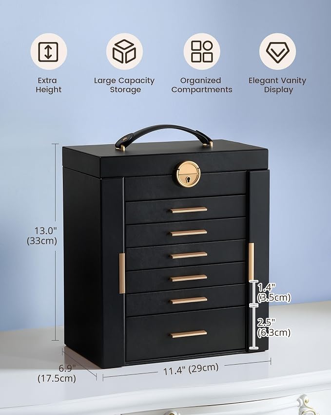 Lolalet Large Jewelry Box Organizer for Women, 7-Layer Jewelry Organizers and Storage Case with Mirror & 6 Drawers, Lockable Watch Ring Earring Bracelet Necklace Holder Girls Gift -7Layer, Black - Image 3