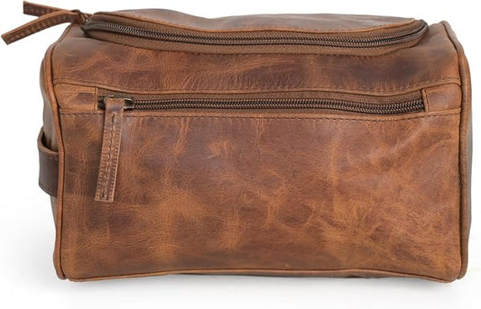 (9 inch Medium Size) Real Grain Leather Toiletry Bag for Men, Dopp kit with Waterproof Lining, Toiletries Organizer, Grooming Travel Bag Pouch, Bathroom Shaving Kit Zipper Bag by RusticVintage