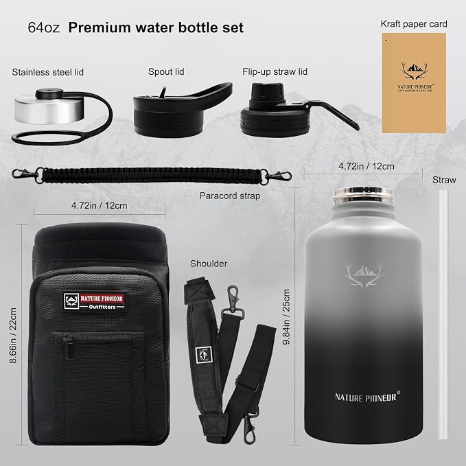 NATURE PIONEOR 64 oz Insulated Water Bottle with Carrier Bag & 3 Lids | 18/8 Food-grade Stainless Steel, Double Vacuum Insulation, 3 Leak-proof Lids, Strap, Camping, Hiking, Gym, Work - Image 5