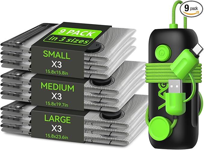 Vacuum Bags for Travel - USB Electric Pump, 9 Pack Carry-on Size Vacuum Seal Bags for Clothing - Space Saver Vacuum Storage Bags for Luggage, Travel Essentials. by Unknown