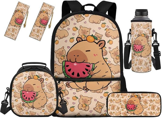 Capybara Backpack for Kids Cute Backpack with Lunchbox Pencil Case and Bottle Holder Bookmark Set of 5 Back to School Gifts Matching 5Pcs Bookbag Set for Girls Boys by Unknown