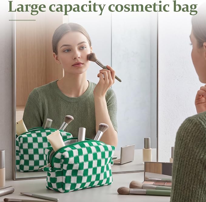 Gilprop 8 Pcs Checkered Makeup Bag for Purse Small Cosmetic Pouch Bulk Portable Zipper Makeup Pouch Travel Toiletry Organizer Gifts for Women Bridesmaid Wedding Party Favors (Dark Green) - Image 5