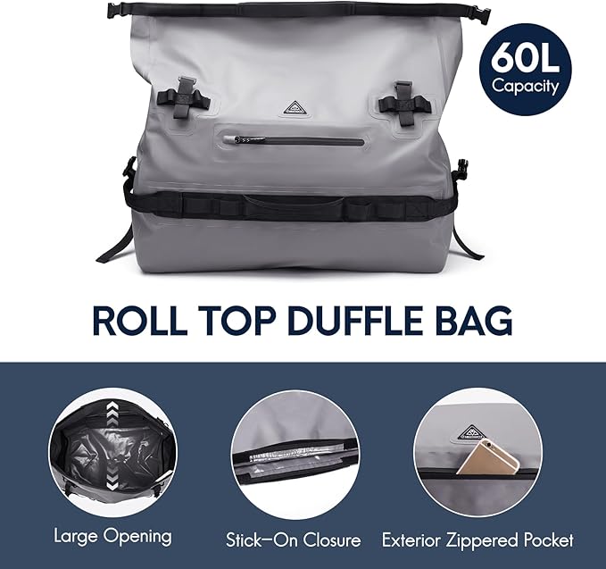 Haimont IPX7 Waterproof Roll-Top Dry Duffel Backpack | 60L/90L Sizes, 500D Tarpaulin, Welded Seams, Mesh Pockets, Boating & Kayaking - Image 5
