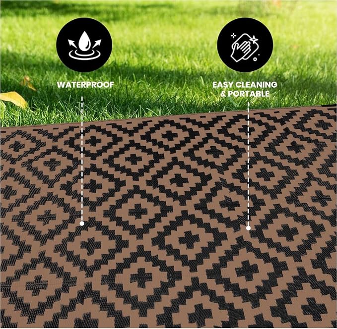 Outdoor Rugs, Outdoor Plastic Straw Rug, Reversible Waterproof Carpet for Camping, Poolside, Garden, BBQ Area, Gazebo Flooring, RV Park & Beach, Square Pattern, Black & Brown, 6'x9' - Image 4